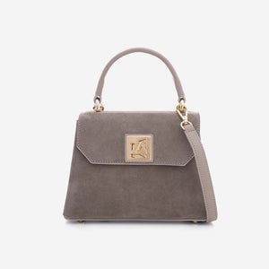 Iris mini - малка крос боди чанта от велур в сивкаво бежово