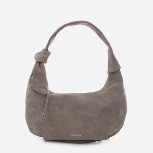 Simona - чанта за рамо от велур в сивкаво-бежово