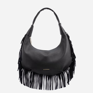 Simona - чанта за рамо с ресни от велур - черна