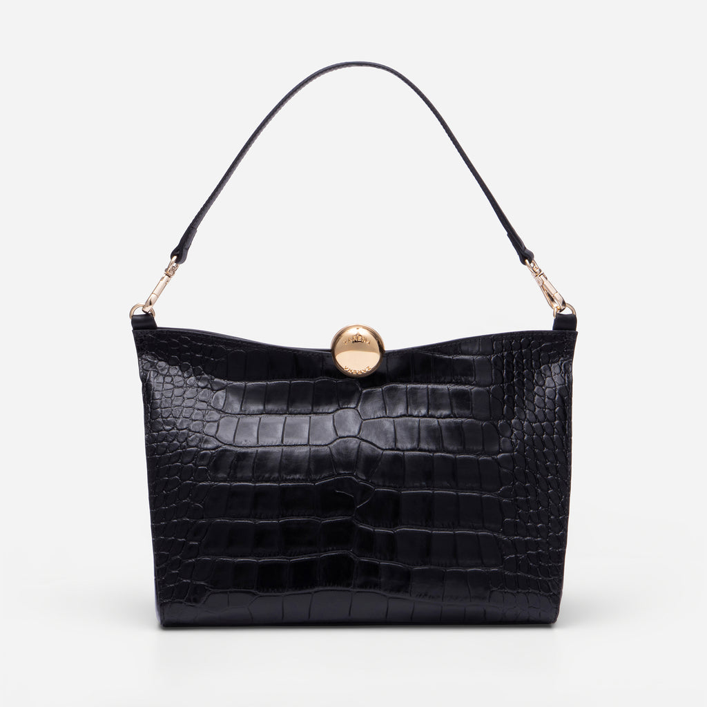 Monica - чанта за рамо от естествена кожа с кроко ефект в черно